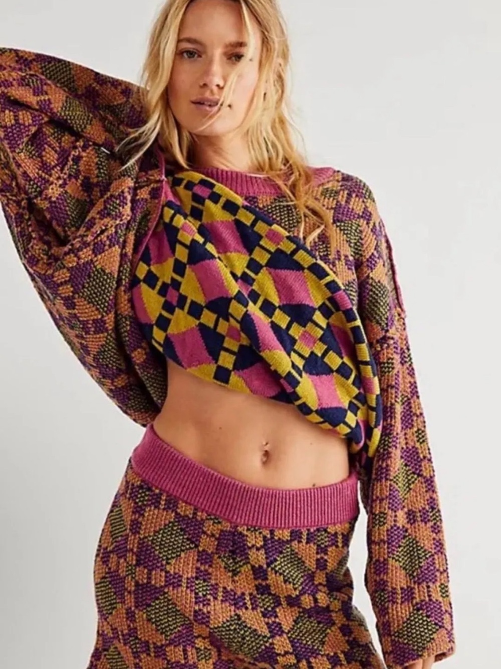 Free People Knit Sweater Set in Pink, Yellow & Navy